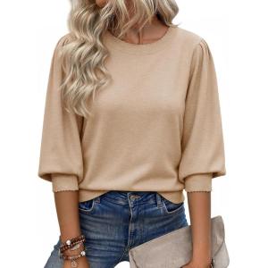 imageCicy Bell Womens 34 Puff Sleeve Sweater Tops Fall Casual Crew Neck Lightweight Knit Pullover Loose Fit Scallop Trim SweaterKhaki