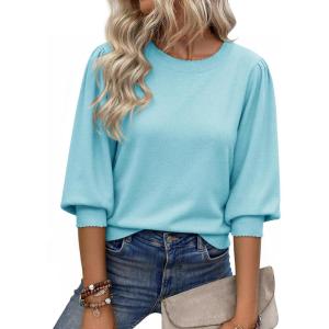imageCicy Bell Womens 34 Puff Sleeve Sweater Tops Fall Casual Crew Neck Lightweight Knit Pullover Loose Fit Scallop Trim SweaterLight Blue