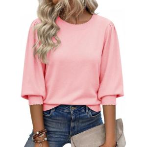 imageCicy Bell Womens 34 Puff Sleeve Sweater Tops Fall Casual Crew Neck Lightweight Knit Pullover Loose Fit Scallop Trim SweaterPink