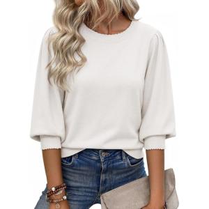 imageCicy Bell Womens 34 Puff Sleeve Sweater Tops Fall Casual Crew Neck Lightweight Knit Pullover Loose Fit Scallop Trim SweaterWhite