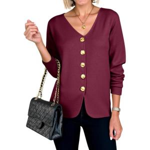 imageCicy Bell Womens Button Up Cardigan Sweaters Blazer Trendy Lightweight V Neck Long Sleeve Sweater TopsBurgundy