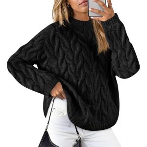 imageCicy Bell Womens Oversized Cable Knit Sweaters Long Sleeve Crewneck Chunky Loose Fit Pullover TopsBlack