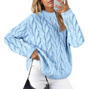 imageCicy Bell Womens Oversized Cable Knit Sweaters Long Sleeve Crewneck Chunky Loose Fit Pullover TopsBlue