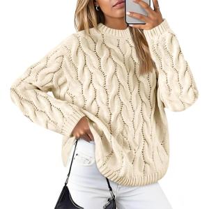 imageCicy Bell Womens Oversized Cable Knit Sweaters Long Sleeve Crewneck Chunky Loose Fit Pullover TopsCream
