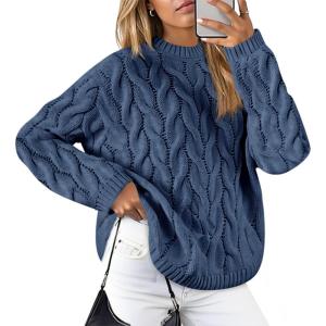 imageCicy Bell Womens Oversized Cable Knit Sweaters Long Sleeve Crewneck Chunky Loose Fit Pullover TopsNavy