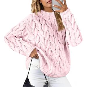 imageCicy Bell Womens Oversized Cable Knit Sweaters Long Sleeve Crewneck Chunky Loose Fit Pullover TopsPink