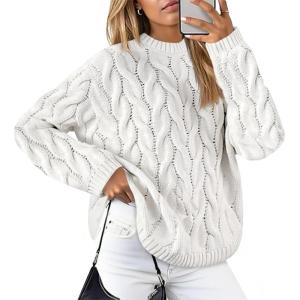 imageCicy Bell Womens Oversized Cable Knit Sweaters Long Sleeve Crewneck Chunky Loose Fit Pullover TopsWhite