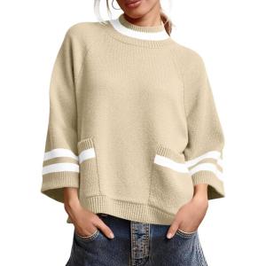 imageCicy Bell Womens Oversized Sweater 34 Sleeve Mock Neck Color Block Chunky Knit Sweaters Casual Fall Pullover TopsBeige