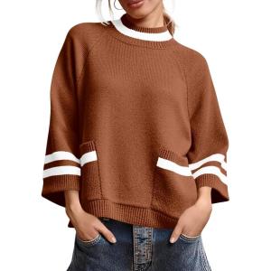imageCicy Bell Womens Oversized Sweater 34 Sleeve Mock Neck Color Block Chunky Knit Sweaters Casual Fall Pullover TopsBrown