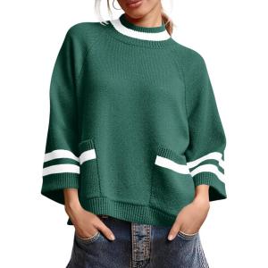 imageCicy Bell Womens Oversized Sweater 34 Sleeve Mock Neck Color Block Chunky Knit Sweaters Casual Fall Pullover TopsGreen