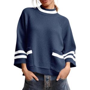 imageCicy Bell Womens Oversized Sweater 34 Sleeve Mock Neck Color Block Chunky Knit Sweaters Casual Fall Pullover TopsNavy
