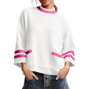 imageCicy Bell Womens Oversized Sweater 34 Sleeve Mock Neck Color Block Chunky Knit Sweaters Casual Fall Pullover TopsRose Red