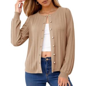 imageCicy Bell Womens Puff Long Sleeve Cardigan Sweater Lightweight Button Down Ribbed Knit Fall Casual Loose Fit TopsApricot