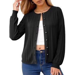 imageCicy Bell Womens Puff Long Sleeve Cardigan Sweater Lightweight Button Down Ribbed Knit Fall Casual Loose Fit TopsBlack