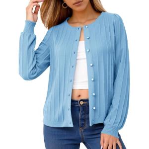 imageCicy Bell Womens Puff Long Sleeve Cardigan Sweater Lightweight Button Down Ribbed Knit Fall Casual Loose Fit TopsBlue