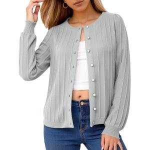 imageCicy Bell Womens Puff Long Sleeve Cardigan Sweater Lightweight Button Down Ribbed Knit Fall Casual Loose Fit TopsGrey
