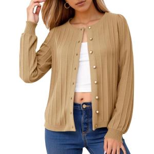 imageCicy Bell Womens Puff Long Sleeve Cardigan Sweater Lightweight Button Down Ribbed Knit Fall Casual Loose Fit TopsKhaki