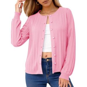 imageCicy Bell Womens Puff Long Sleeve Cardigan Sweater Lightweight Button Down Ribbed Knit Fall Casual Loose Fit TopsPink