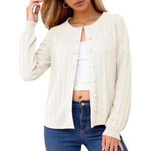 imageCicy Bell Womens Puff Long Sleeve Cardigan Sweater Lightweight Button Down Ribbed Knit Fall Casual Loose Fit TopsWhite