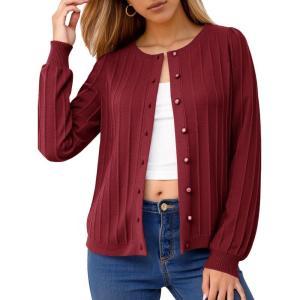 imageCicy Bell Womens Puff Long Sleeve Cardigan Sweater Lightweight Button Down Ribbed Knit Fall Casual Loose Fit TopsWine Red