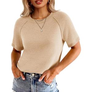imageCicy Bell Womens Short Sleeve Sweater Casual Loose Fit Crewneck Tops Fall Dressy Pullovers Shirts Khaki