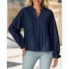 imageCicy Bell Womens Pleated Button Down Shirts V Neck Puff Long Sleeve Peplum Tops Dressy Casual Loose Fit Cute BlouseNavy