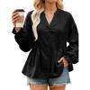 imageCicy Bell Womens Pleated Button Down Shirts V Neck Puff Long Sleeve Peplum Tops Dressy Casual Loose Fit Cute BlouseBlack