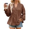 imageCicy Bell Womens Pleated Button Down Shirts V Neck Puff Long Sleeve Peplum Tops Dressy Casual Loose Fit Cute BlouseBrown