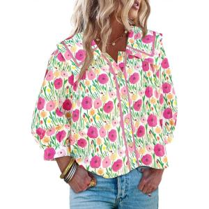 imageCicy Bell Womens Floral Print Button Down Shirts Trendy Casual 34 Puff Sleeve Blouse Boho Peter Pan Collar Tops