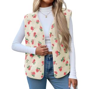 imageCicy Bell Womens Fuzzy Fleece Vest Fall Floral Sleeveless Sherpa Jacket Lightweight Button Down Warm Outerwear with PocketsBeige