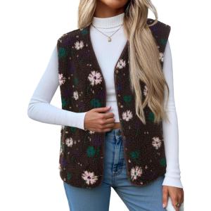 imageCicy Bell Womens Fuzzy Fleece Vest Fall Floral Sleeveless Sherpa Jacket Lightweight Button Down Warm Outerwear with PocketsCoffee