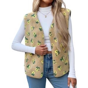 imageCicy Bell Womens Fuzzy Fleece Vest Fall Floral Sleeveless Sherpa Jacket Lightweight Button Down Warm Outerwear with PocketsKhaki