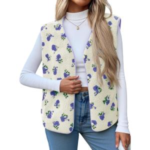 imageCicy Bell Womens Fuzzy Fleece Vest Fall Floral Sleeveless Sherpa Jacket Lightweight Button Down Warm Outerwear with PocketsPurple