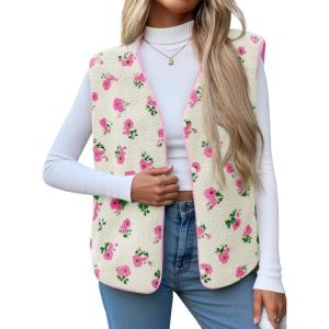 imageCicy Bell Womens Fuzzy Fleece Vest Fall Floral Sleeveless Sherpa Jacket Lightweight Button Down Warm Outerwear with PocketsWhite