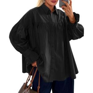 imageCicy Bell Womens Oversized Button Down Shirts Long Ruffle Sleeve Pleated Babydoll Blouses Trendy Casual TopsBlack