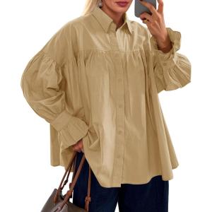 imageCicy Bell Womens Oversized Button Down Shirts Long Ruffle Sleeve Pleated Babydoll Blouses Trendy Casual TopsKhaki