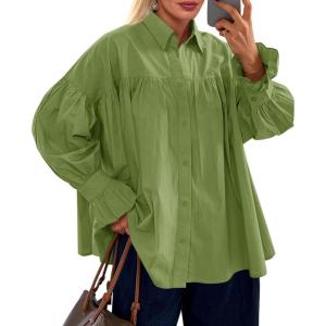 imageCicy Bell Womens Oversized Button Down Shirts Long Ruffle Sleeve Pleated Babydoll Blouses Trendy Casual TopsOlive Green