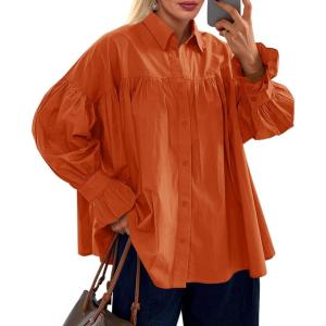 imageCicy Bell Womens Oversized Button Down Shirts Long Ruffle Sleeve Pleated Babydoll Blouses Trendy Casual TopsOrangered