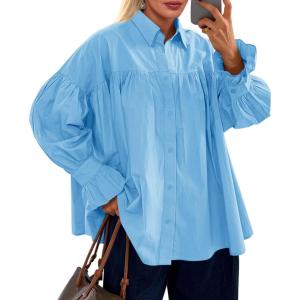 imageCicy Bell Womens Oversized Button Down Shirts Long Ruffle Sleeve Pleated Babydoll Blouses Trendy Casual TopsSky Blue