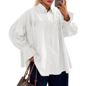 imageCicy Bell Womens Oversized Button Down Shirts Long Ruffle Sleeve Pleated Babydoll Blouses Trendy Casual TopsWhite