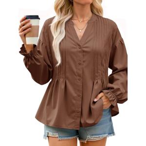 imageCicy Bell Womens Pleated Button Down Shirts V Neck Puff Long Sleeve Peplum Tops Dressy Casual Loose Fit Cute BlouseBrown