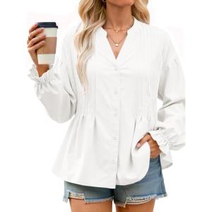 imageCicy Bell Womens Pleated Button Down Shirts V Neck Puff Long Sleeve Peplum Tops Dressy Casual Loose Fit Cute BlouseWhite