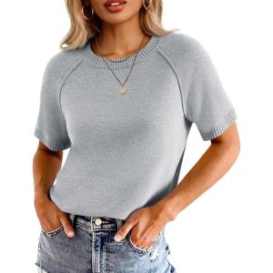 imageCicy Bell Womens Short Sleeve Sweater Casual Loose Fit Crewneck Tops Fall Dressy Pullovers Shirts Grey