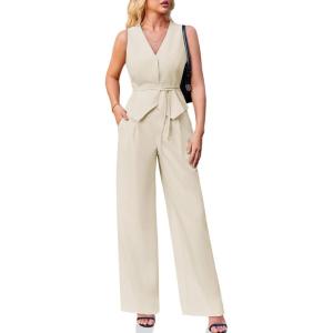 imageCicy Bell Womens 2 Piece Outfits Sleeveless Tie Waist Suit Vest and Wide Leg Pants Business Casual Blazer SetsApricot