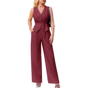 imageCicy Bell Womens 2 Piece Outfits Sleeveless Tie Waist Suit Vest and Wide Leg Pants Business Casual Blazer SetsBurgundy