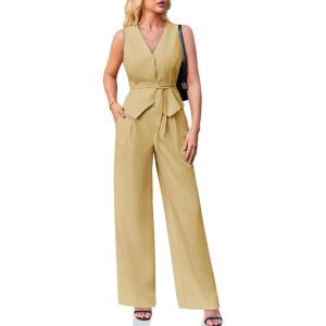 imageCicy Bell Womens 2 Piece Outfits Sleeveless Tie Waist Suit Vest and Wide Leg Pants Business Casual Blazer SetsKhaki
