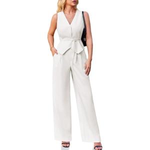 imageCicy Bell Womens 2 Piece Outfits Sleeveless Tie Waist Suit Vest and Wide Leg Pants Business Casual Blazer SetsWhite