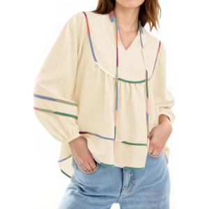 imageCicy Bell Womens Long Sleeve Peplum Tops Flowy Babydoll Blouses Cute Loose Fit V Neck ShirtsBeige