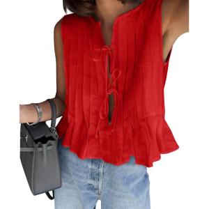 imageCicy Bell Womens Bow Front Tie Tank Tops Pleated Babydoll Top Sleeveless Cute Coquette Shirt Summer OutfitsRed