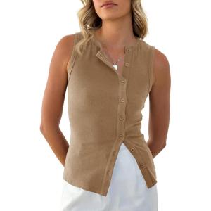 imageCicy Bell Womens Button Down Tank Tops Summer Sleeveless Vest Tops Trendy Ribbed Fitted Going Out ShirtsKhaki